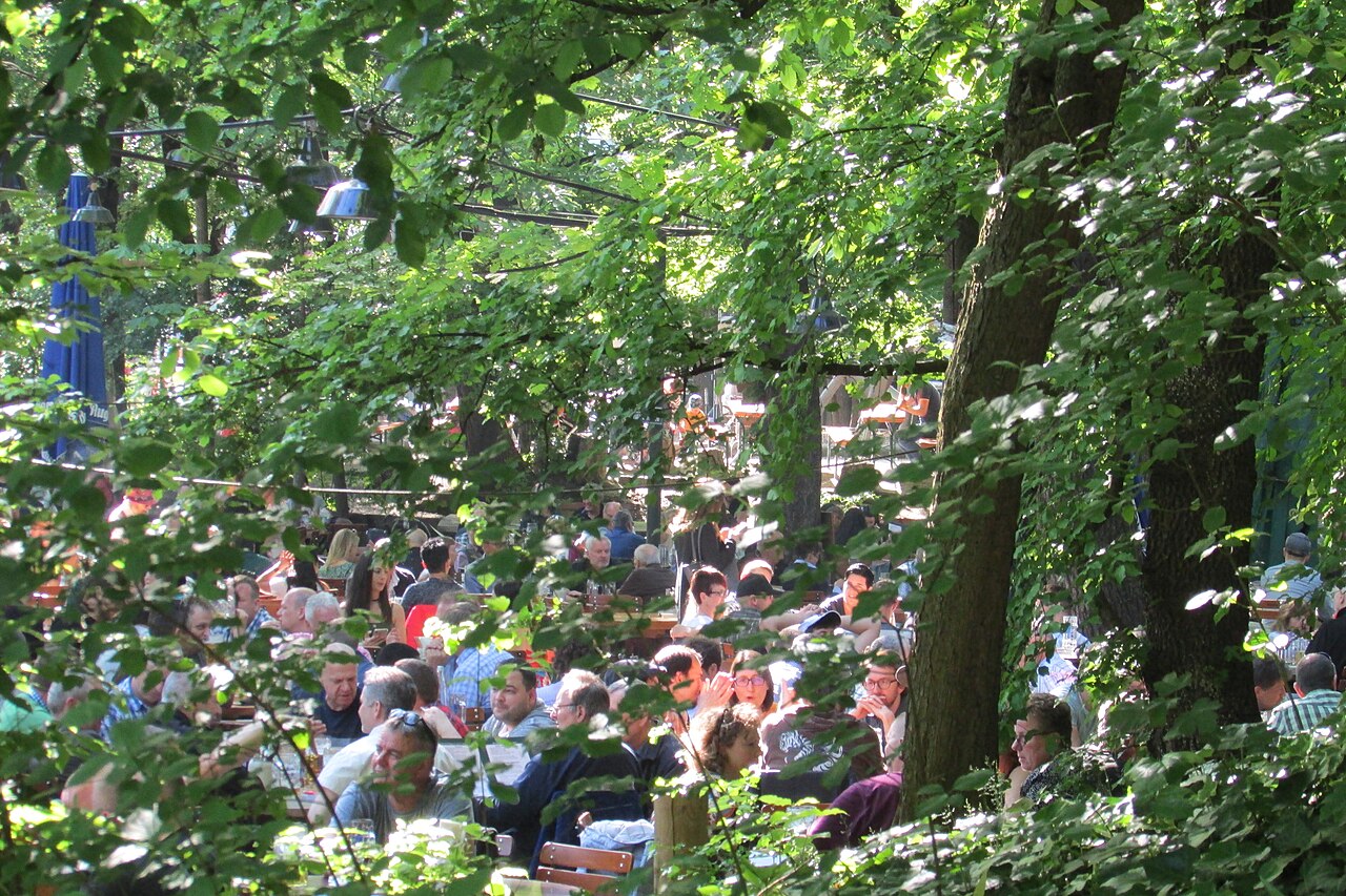 A Munich beer garden full of people under chestnut trees